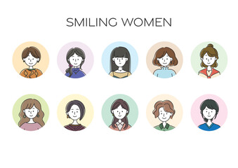 笑顔で正面を向く女性のアバター、シンプルなアイコンセット