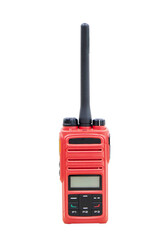 Walkie talkie radio red gadget portable station. Receiving-transmitting device designed for operational communication. Isolated cutout PNG background. Concept modern technologie.