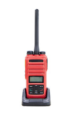 Walkie talkie radio red gadget portable station with battery charger. Receiving-transmitting device...