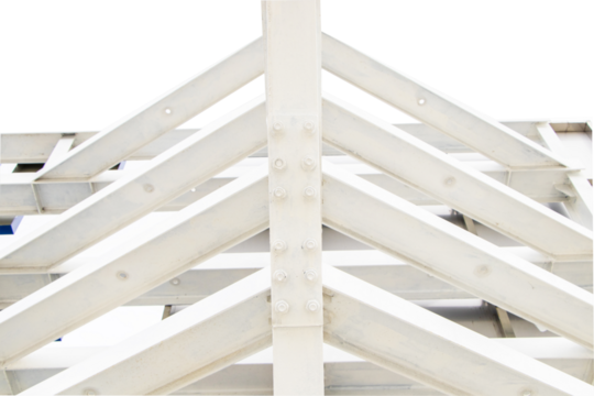 Large screw hexagon flange nut Supporting structure, metal frame of prefabricated building. Isolated cutout PNG background. large metal posts or structure are painted in white of outdoor billboard.