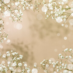 Spring flower background with branches of blossoming white gypsophila on beige background with...
