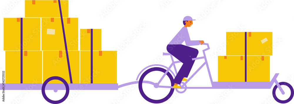 Wall mural Man courier on a cargo long john bike with big heavy long boxes. Bicycle delivery man carrying package. Ecological city transport. Flat illustration