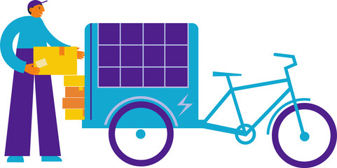 Man courier stands near electric cargo bike with solar panel on a cart. Use green solar energy.  Bicycle delivery man carrying package. Ecological city transport. Flat illustration - obrazy, fototapety, plakaty