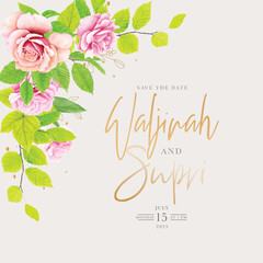 beautiful floral roses and leaves wedding invitation card set