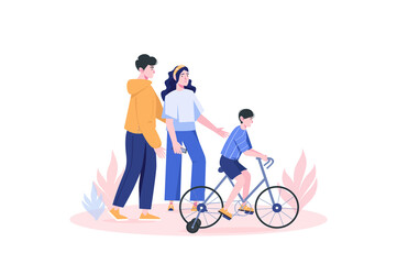 Healthy family concept with people scene in flat cartoon design. Happy family walks outdoors and teaches a child to ride a bicycle.