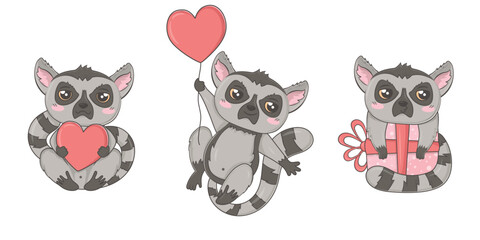 Set of funny tropical animals lemurs for Valentine's day in hand drawn doodle style for children, children's books and games, cards, print