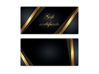 Gift certificate templates isolated. Vector graphic black voucher layouts with shiny golden decor elements. Illustration of gift coupon with luxury background