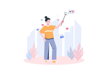 Video streaming concept with people scene in flat cartoon design. Girl on the street records a stream and gets a lot of likes.