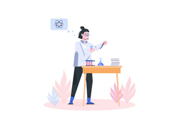 Science laboratory concept with people scene in flat cartoon design. Girl performs chemical experiments in a scientific laboratory.