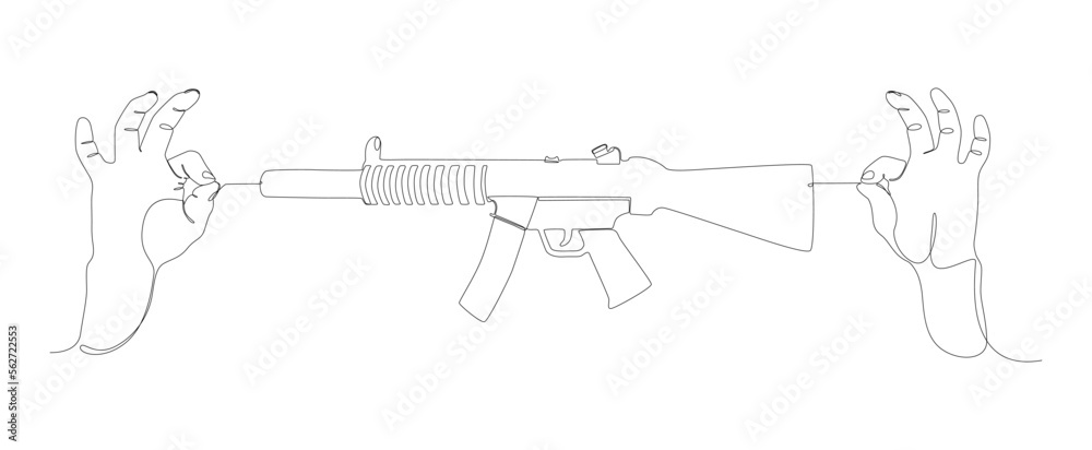 Poster one continuous line of two hand holding a string with machine gun. thin line illustration vector con