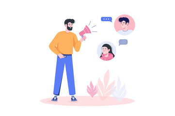 Marketing concept with people scene in flat cartoon. Man to task and guide has wards in online meeting for product sales and promotion.