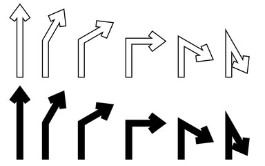 30度ごとに折れ曲がる矢印セット(太い黒線とアウトライン)