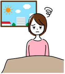 よく眠れずすっきりと目覚められない女性(窓の外に太陽と街並み)
