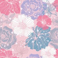 Fototapeta na wymiar Cute Hand drawn flowers. Seamless pastel pattern with flowers. pink flowers. Pattern for textiles, clothing, wrapping paper and more 