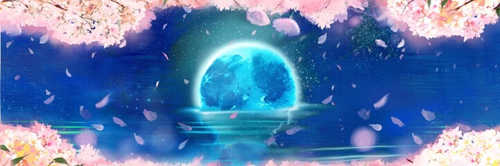 星降る夜空が反射した海面に沈む青い満月と夜桜の花びらが散る幻想的な桜吹雪パノラマイラスト