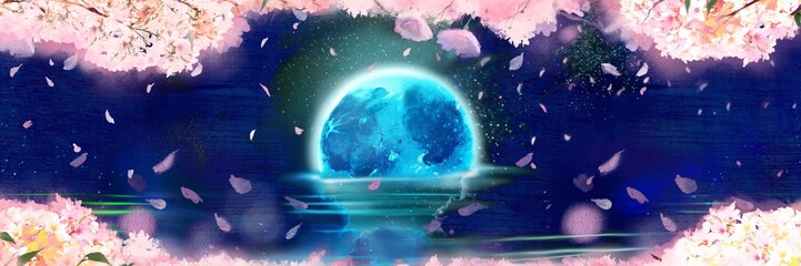 星降る夜空が反射した海面に沈む青い満月と夜桜の花びらが散る幻想的な桜吹雪パノラマイラスト