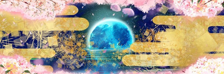 星降る夜空が反射した海面に沈む青い満月と夜桜の花びらが散る幻想的な桜吹雪と和風金箔雲の背景イラスト