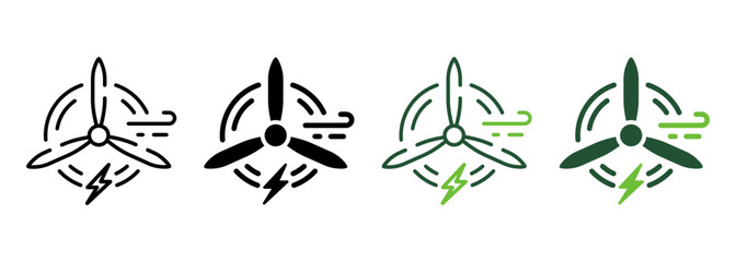 Eco Wind Turbine Green Energy Line and Silhouette Icon Color Set. Wind Mill Renewable Power Pictogram. Ecological Windmill Symbol Collection on White Background. Isolated Vector Illustration