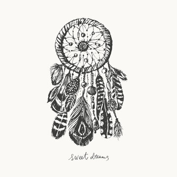 Hand drawn sketch of dreamcatcher with feathers and beads