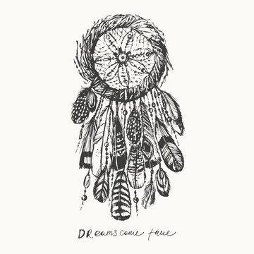 Hand drawn sketch of dreamcatcher with feathers and beads