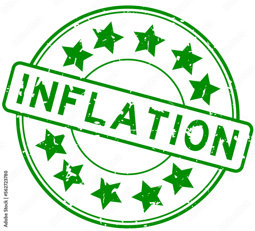 Wall mural Grunge green inflation word with star icon round rubber seal stamp on white background