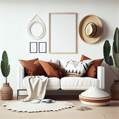 Stylish and modern boho interior of living room with mock up photo frames, Bohemian concept. Mockup ready to use. Generative AI © karunyapas