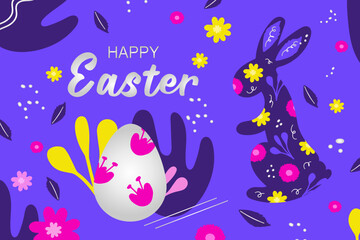 Fototapeta na wymiar Colorful Easter banner with bunny, egg and flowers. Cute hand drawn easter doodle background.