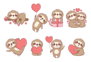 Clipart set with funny sloths in love, hugging, with gifts and hearts for Valentine's Day © Зоя Лунёва