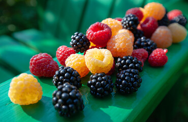 Berries of yellow and red raspberries and blackberries.
