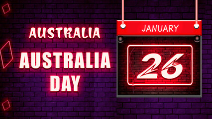 Happy Australia day of Australia, 26 January . World National Days Neon Text Effect on bricks background