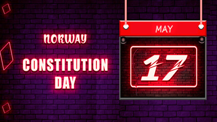 Happy Constitution Day of Norway, 17 May. World National Days Neon Text Effect on bricks background