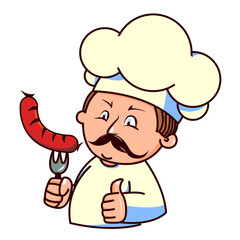 Hispanic cook holding a sausage on a fork