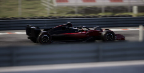 Tracking long lens shot of red modern generic sports racing car driving fast on a track. Realistic 3d rendering