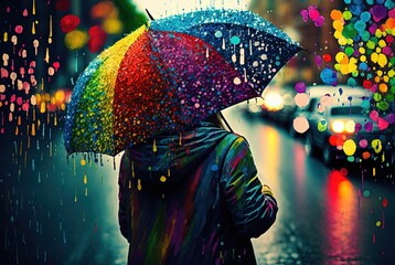 illustration of a person with rainbow umbrella, idea for happiness during bad day  Generative Ai - obrazy, fototapety, plakaty
