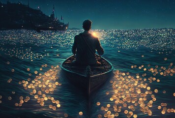 rich and prosperity concept illustration of a man rowing boat among gold coin that floating in ocean at night time  Generative Ai