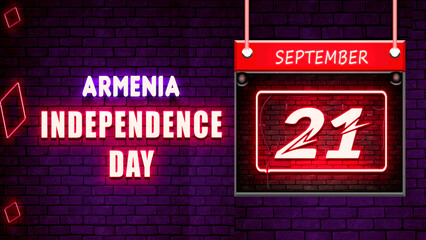 Happy Independence Day of Armenia, 21 September. World National Days Neon Text Effect on bricks background