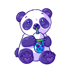 Cute baby panda drinks bubble tea. Hand drawn character vector illustration
