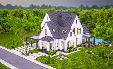 3d rendering of cute cozy white and black modern Tudor style house with parking  and pool for sale or rent with beautiful landscaping. Fairy roofs. Clear summer evening with cozy light from window
