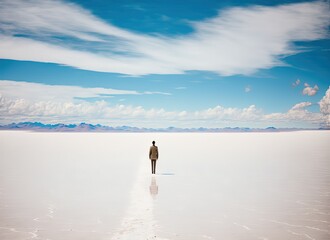 illustration of a person stand still on beautiful landscape of wide water mirror surface sky reflection, inspired from, glass lake,  Salar de Uyuni, Bolivia, idea for self-reflect theme  Generative Ai