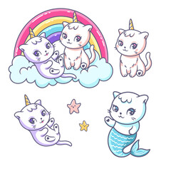 Kitty-corns, cat mermaid and rainbow. A set of hand drawn vector illustrations
