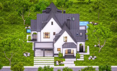 3d rendering of cute cozy white and black modern Tudor style house with parking  and pool for sale or rent with beautiful landscaping. Fairy roofs. Clear summer evening with cozy light from window