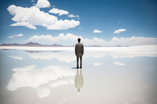 illustration of a person stand still on beautiful landscape of wide water mirror surface sky reflection, inspired from, glass lake,  Salar de Uyuni, Bolivia, idea for self-reflect theme  Generative Ai