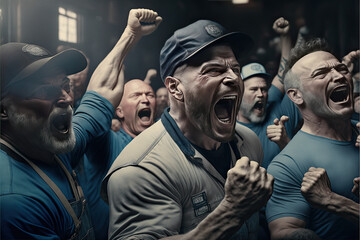 Obraz premium Group of men passionate, angry, excited, yelling, shouting, cheering, in a factory, plant