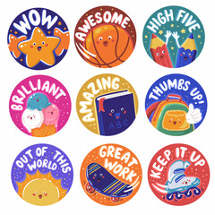 Ball, book, backpack, ice cream, skateboard, rollers. Kid's reward sticker set for teacher with Children life theme. Hand drawn digital vector illustration
