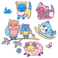 Cats, owls and sheep patchwork toys characters. Vector hand drawn illustrations
