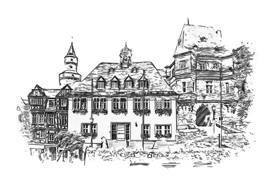 Town Hall (Rathaus) of Idstein, Germany, historic city center, ink sketch illustration.