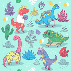 Dino fan activities. Seamless pattern with hand drawn line doodle illustration
