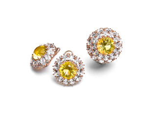 Elegant jewelry set. Jewellery set with gemstones. Jewelry accessories collage. Product still life concept. Ring, necklace and earrings.