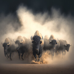 buffaloes running with dust. stampede concept. generative ai