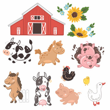 Farm animals, barn, sunflowers. Hand drawn vector illustrations. Cow, horse, pig, goose, chicken, hen
